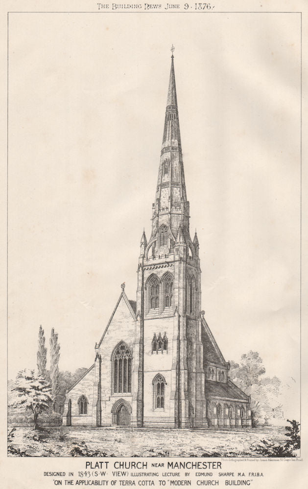 Platt Church, near Manchester. Terracotta 1876 old antique print picture